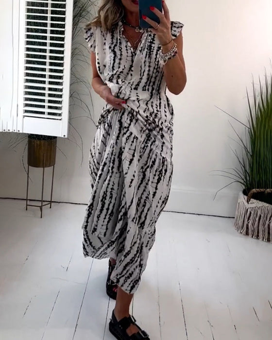 Fly Sleeve Printed V-Neck Dress