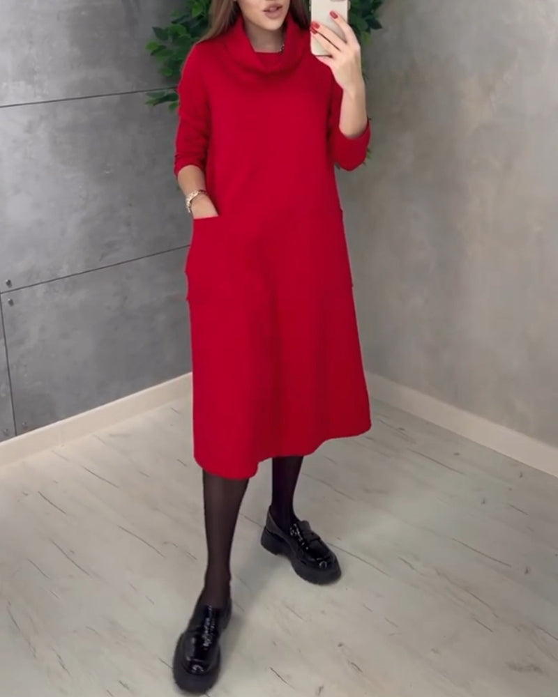 Solid color turtleneck pocket dress