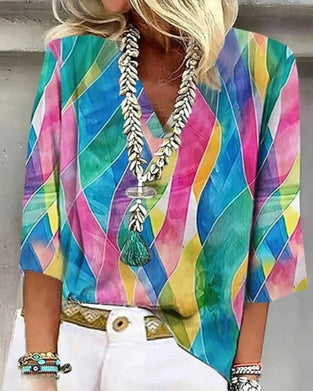 V-Neck Contrast Color Blouse