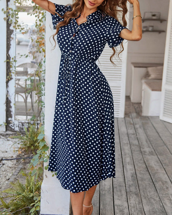 Polka Dot Drawstring Button Dress