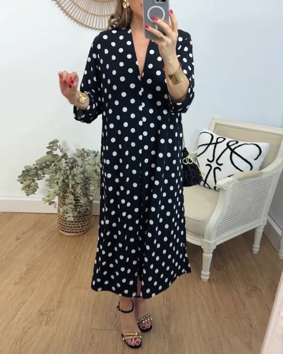 V-neck loose polka-dot dress