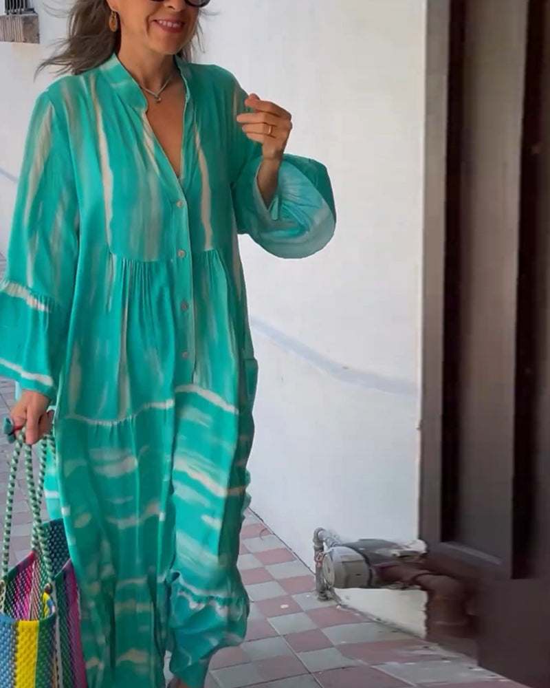 Casual V-neck flare sleeve loose long dress