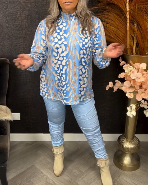 Stand collar long sleeve printed top