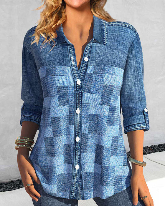 Denim-effect Print Long Sleeve Blouse