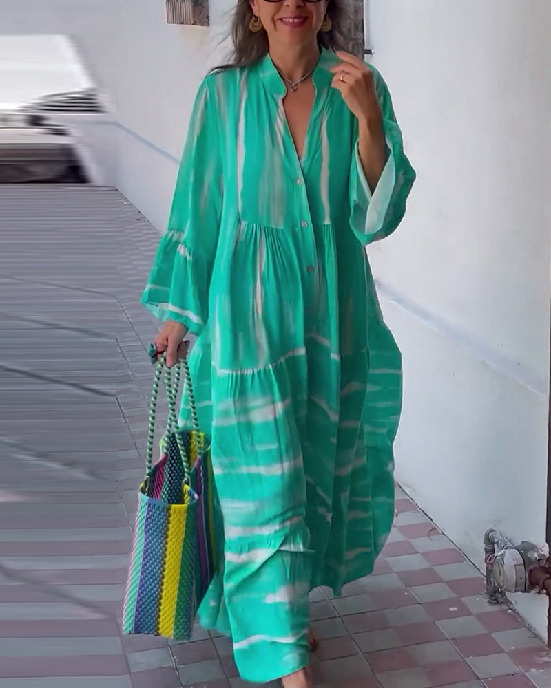 Casual V-neck flare sleeve loose long dress