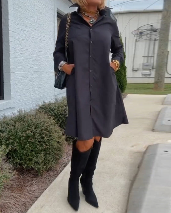 Solid color button casual shirt dress