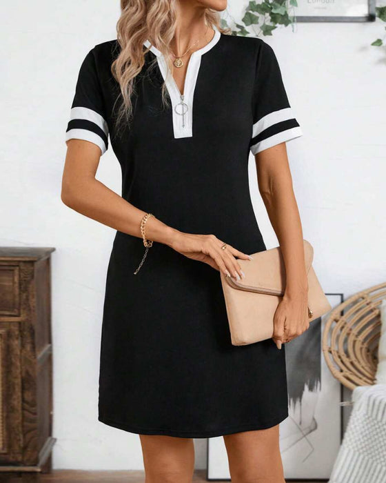 Half-Zip Colorblock Slim-Fit Short-Sleeved Dress