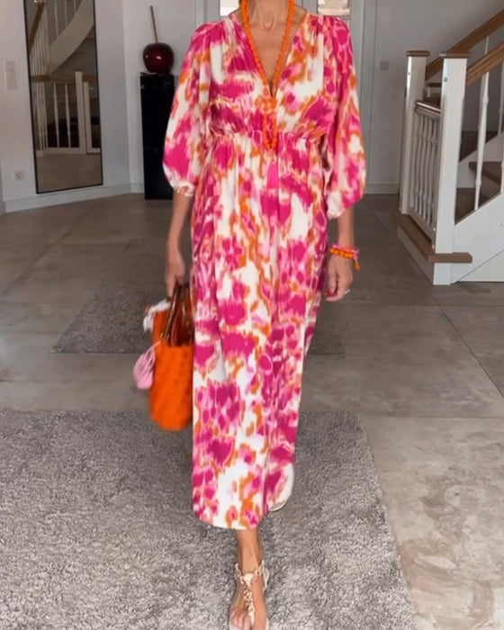 Fashion print v neck 3/4 sleeve dress