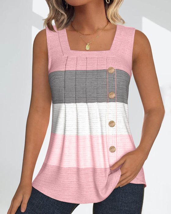 Striped button pleated tank top
