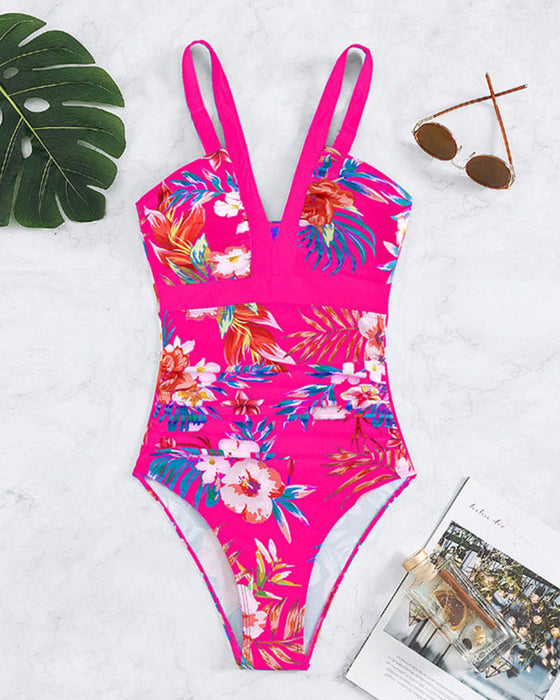 Floral print fashion one piece swimsuit