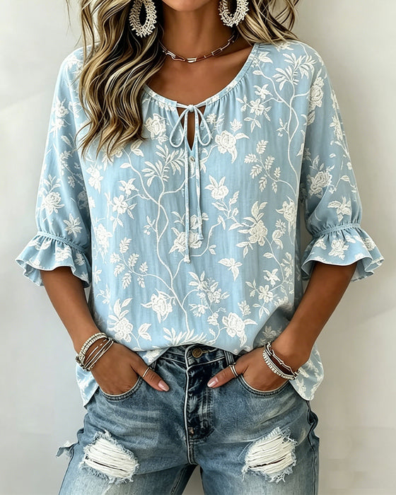 Tie Ruffle Print Blouse