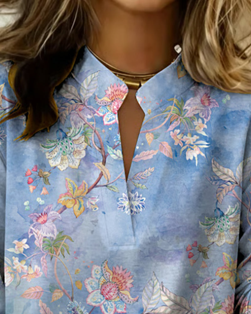 Stand-Up Collar Long-Sleeved Floral Blouse