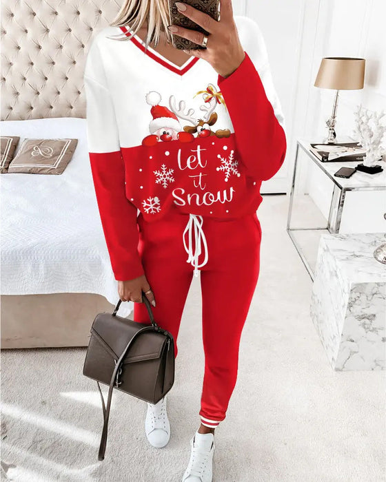 Casual Sports V-Neck Christmas Print Set
