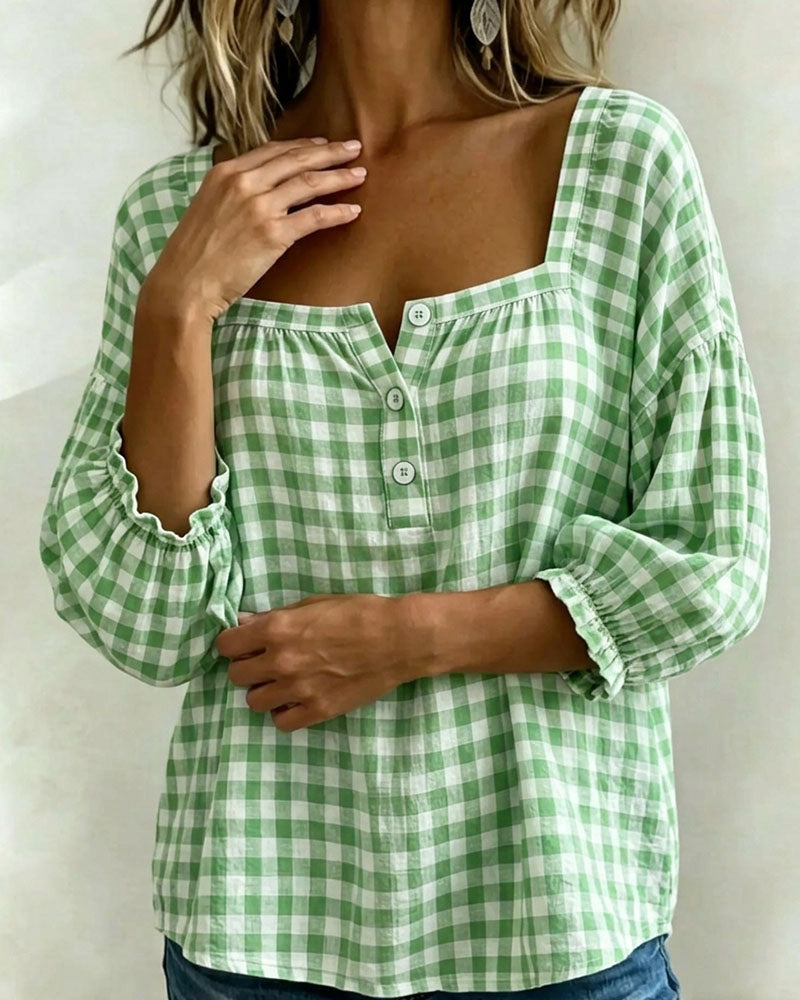 Square Neck Button-Up Plaid Blouse