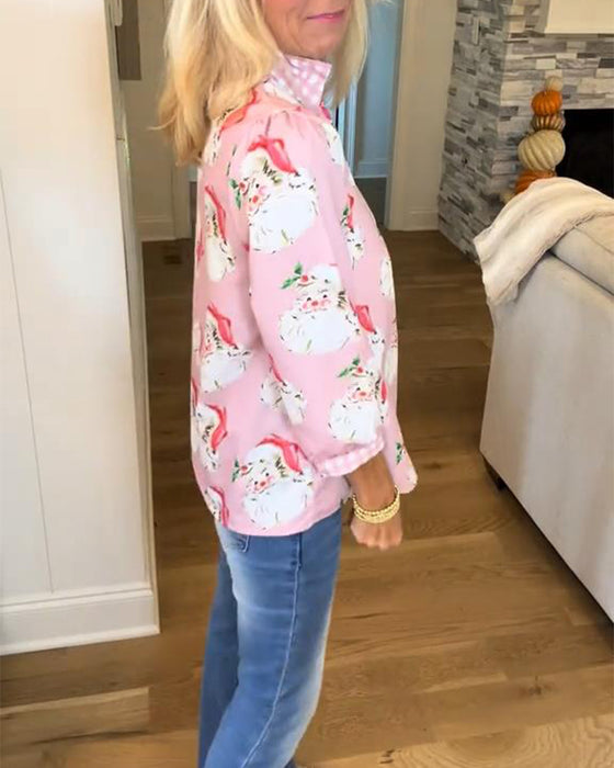 Santa Claus Print V-Neck Shirt