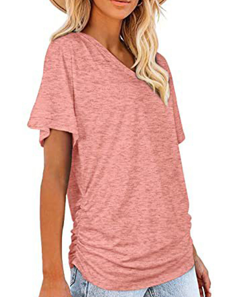 Pleated Solid Color V-Neck T-Shirt