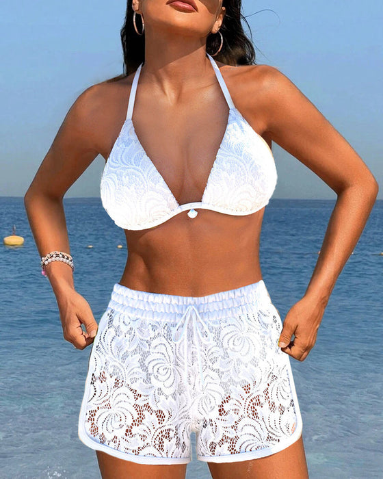 Solid color lace halter bikini