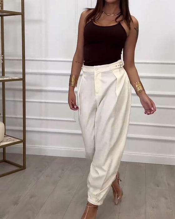 Solid Color Buttoned Jogger Pants