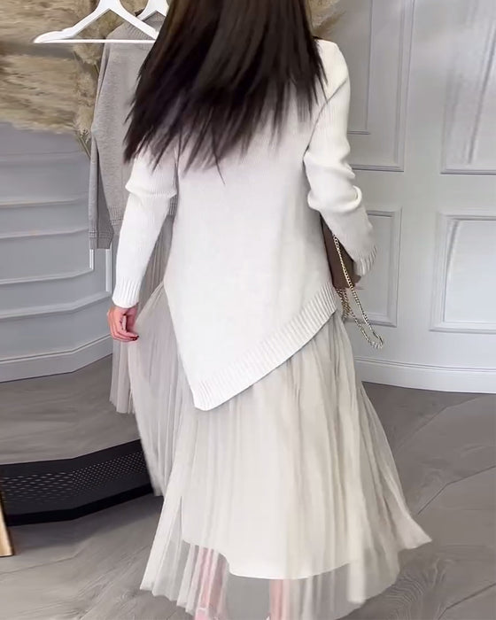 Crew Neck Irregular Pullover And Skirt Two-Piece Set
