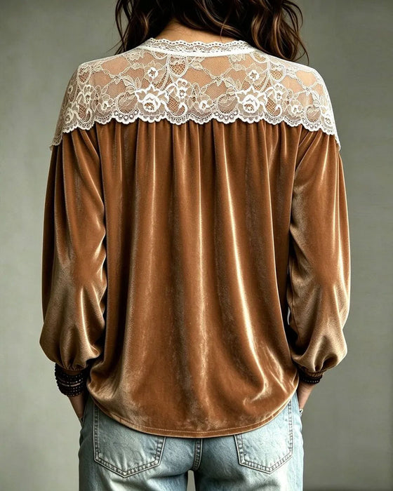 V-Neck Lace Panel Long-Sleeved Top