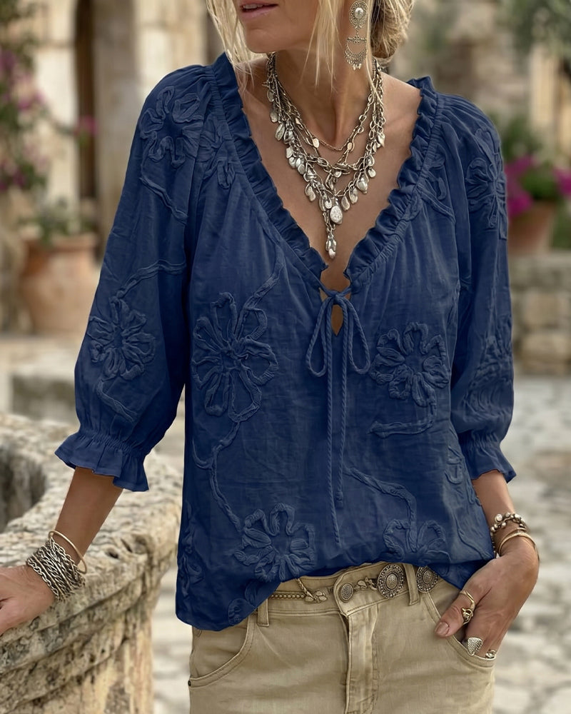 V-Neck Wrap Tie Ruffled Blouse