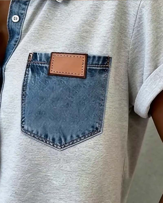 Denim Patchwork Turn-Down Collar T-Shirt