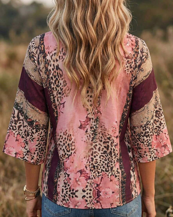 V-Neck Leopard Color-Block Blouse