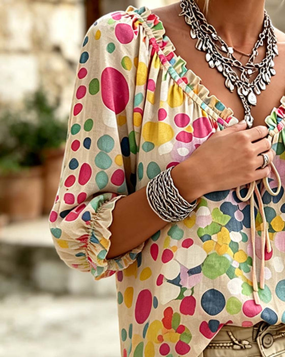 V-Neck Polka Dot Lace Up Blouse
