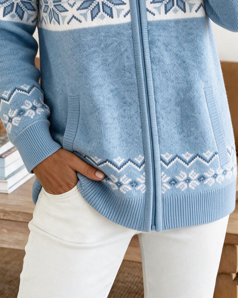 Hooded Zip Snowflake Print Cardigan