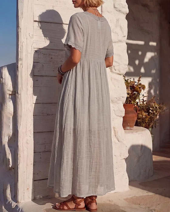 V-Neck Ruched Lace Patchwork Dress