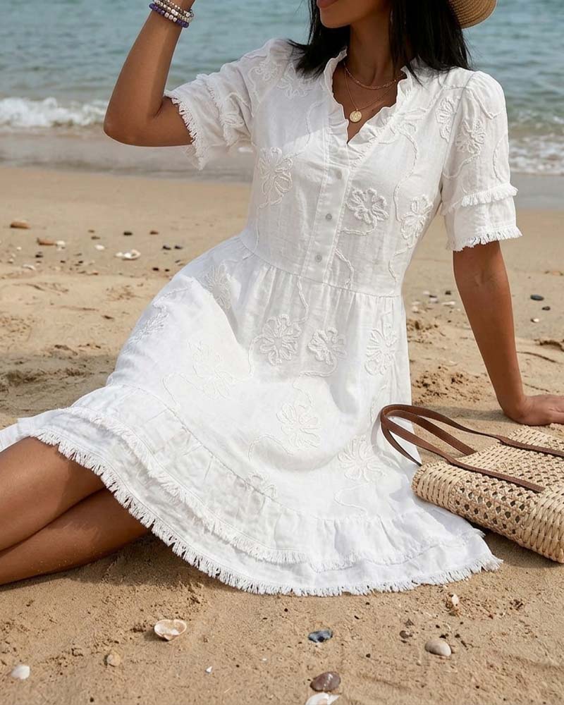 Stand Collar Half Placket Fringe Dress
