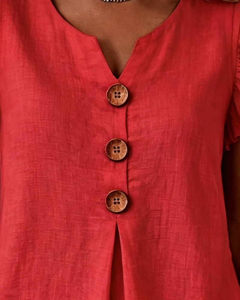 Ruffle Short Sleeve Solid Three-Button Blouse