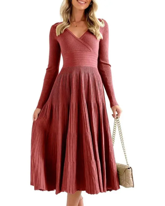 V-Neck Cross Pit Pleated Dress