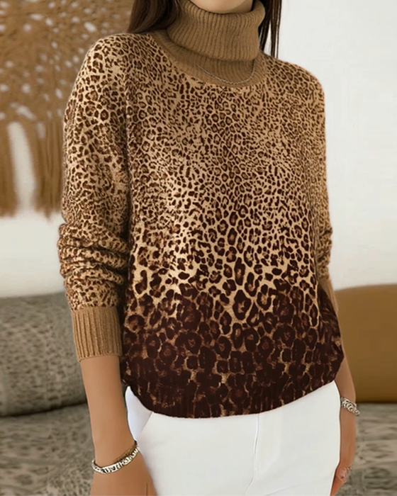 Leopard Print Casual High-Neck Pullover