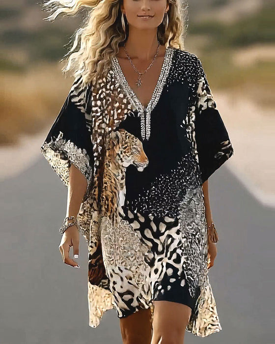 V-Neck Leopard Color-Block Dress