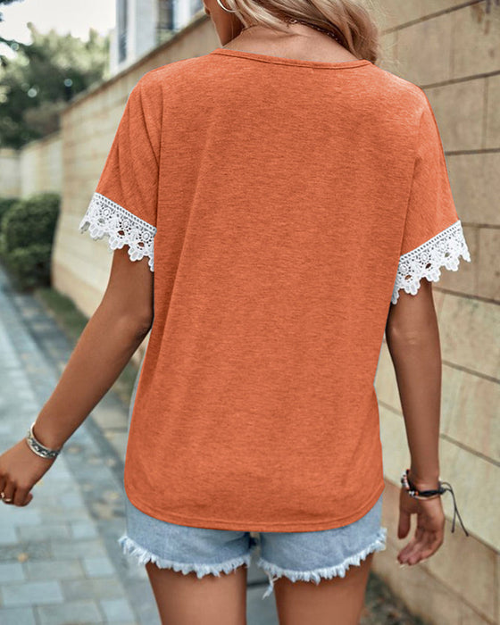 Lace cuff paneled solid color blouse