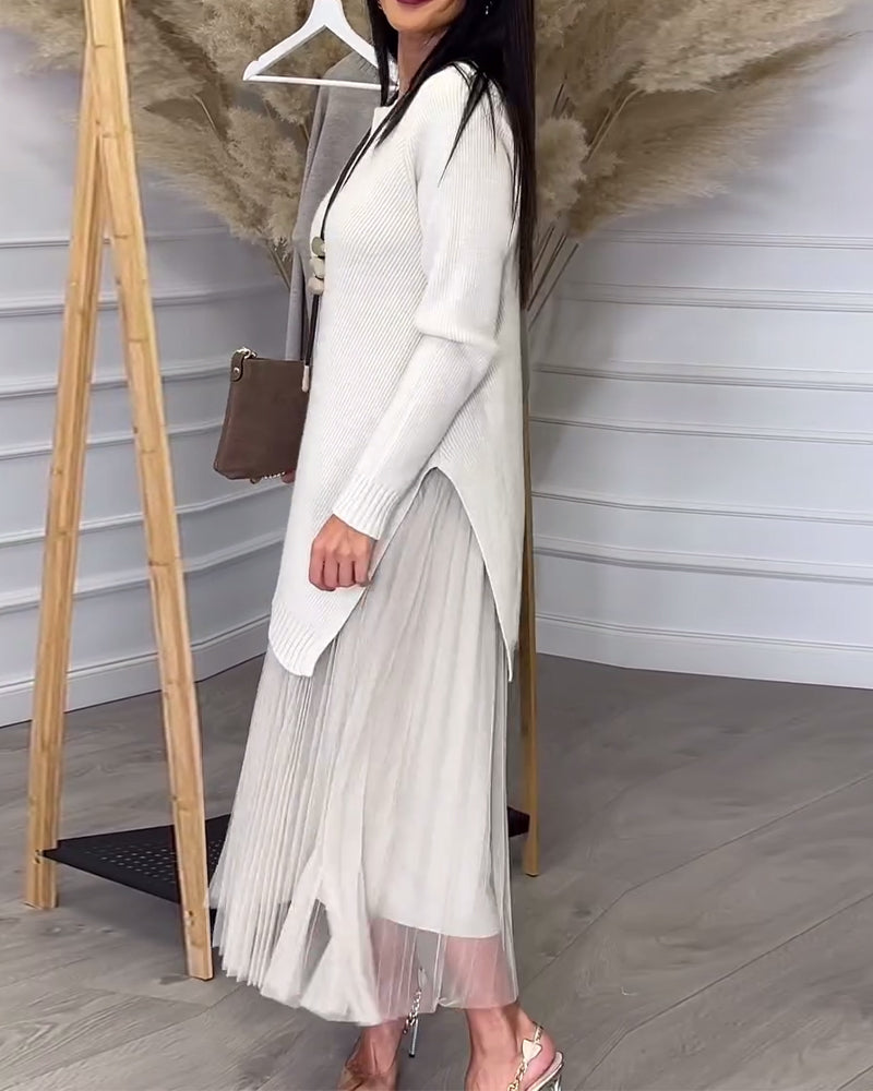Crew Neck Irregular Pullover And Skirt Two-Piece Set