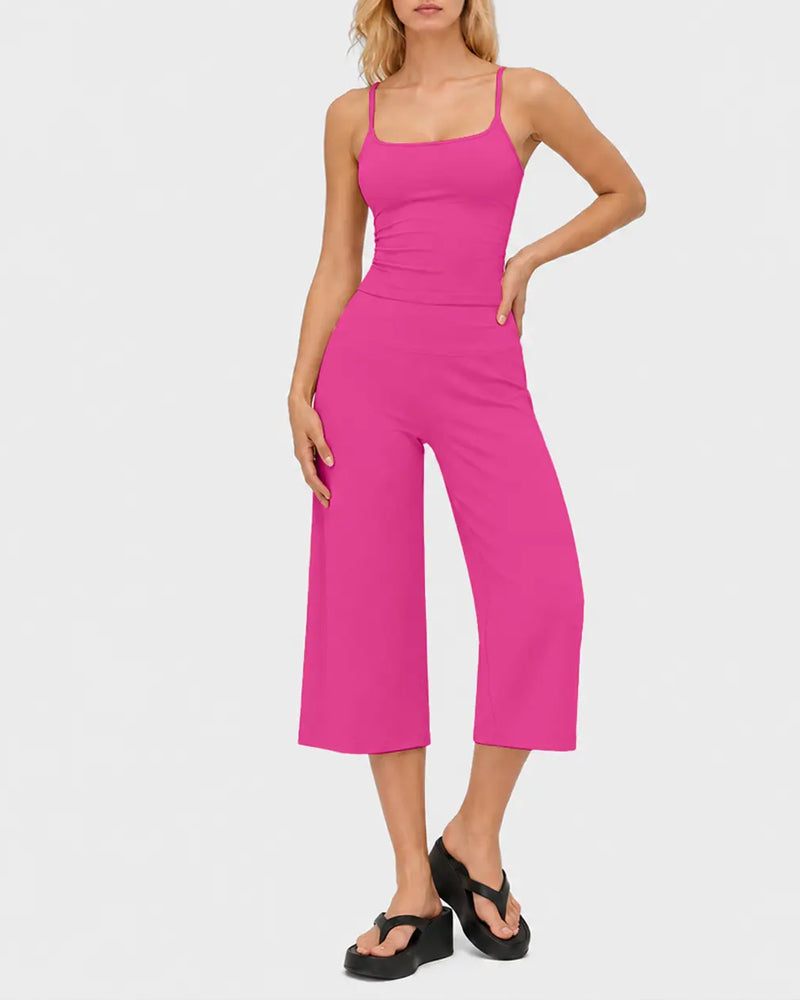 Solid Color Suspender Wide Leg Set