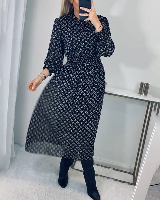 Printed long-sleeved waist dress
