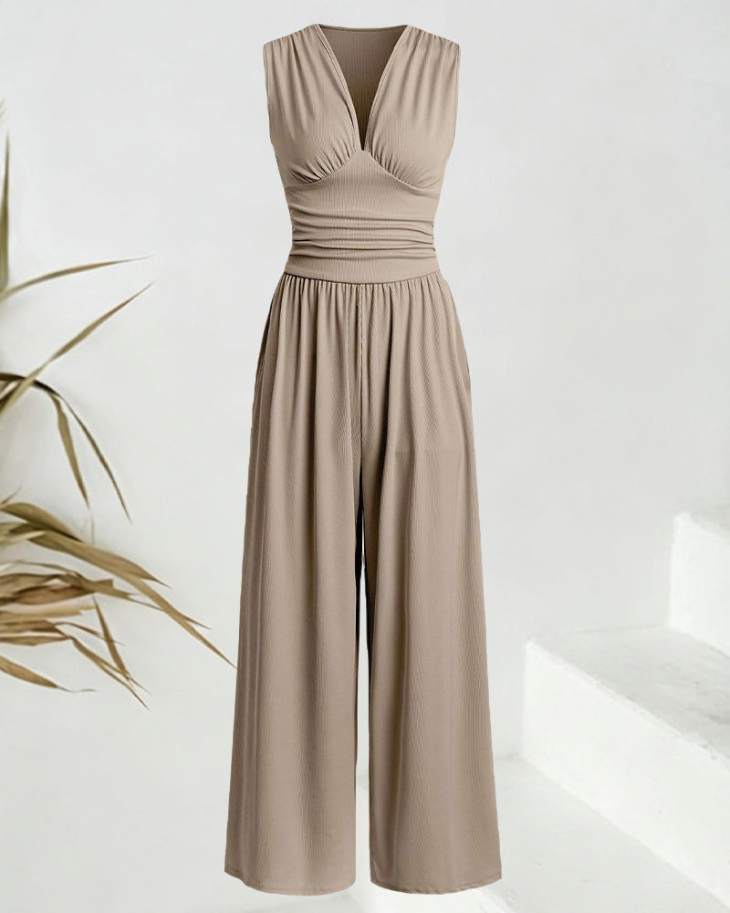 Solid Ribbed Sleeveless Jumpsuit