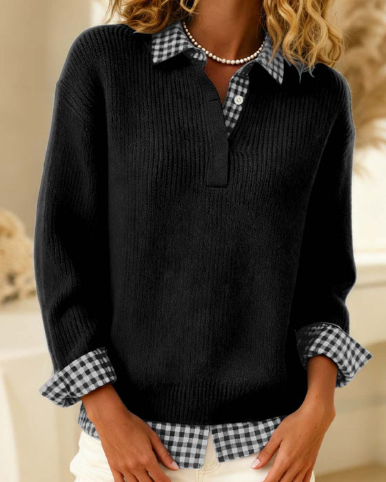 Solid Color Plaid Patchwork Pullover