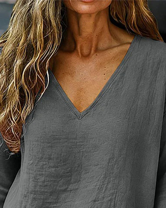 Drop-Shoulder V-Neck Three-Quarter Sleeve Blouse