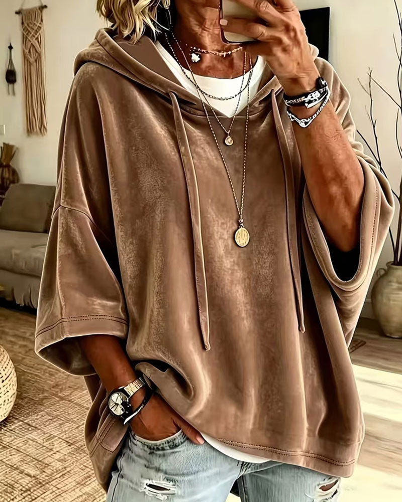 3/4 Sleeve Velvet Hooded Sweatshirt