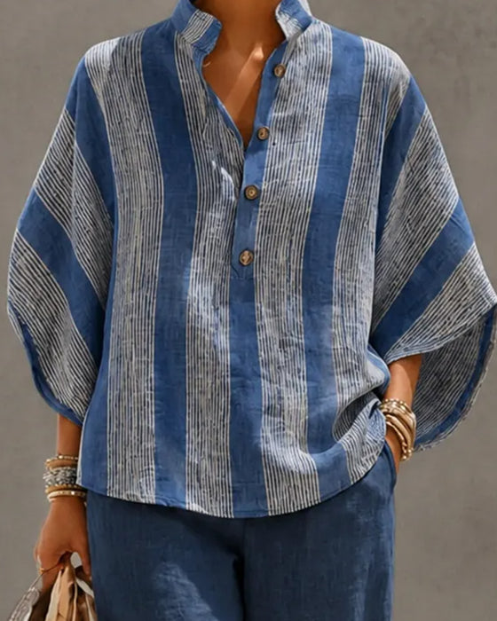 Contrast Color Striped Irregular Button Wide-Leg Pant Set
