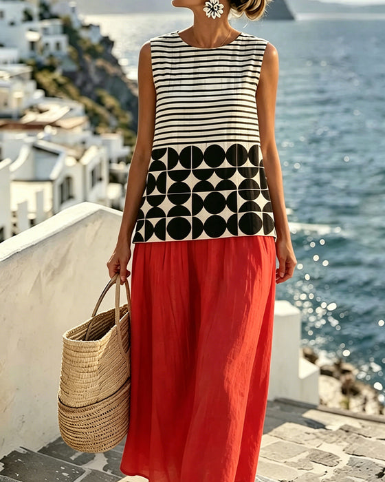 Geometric Print Contrast Sleeveless Dress