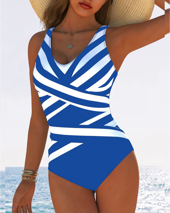 Casual Striped V-Neck One-Piece Swimsuit