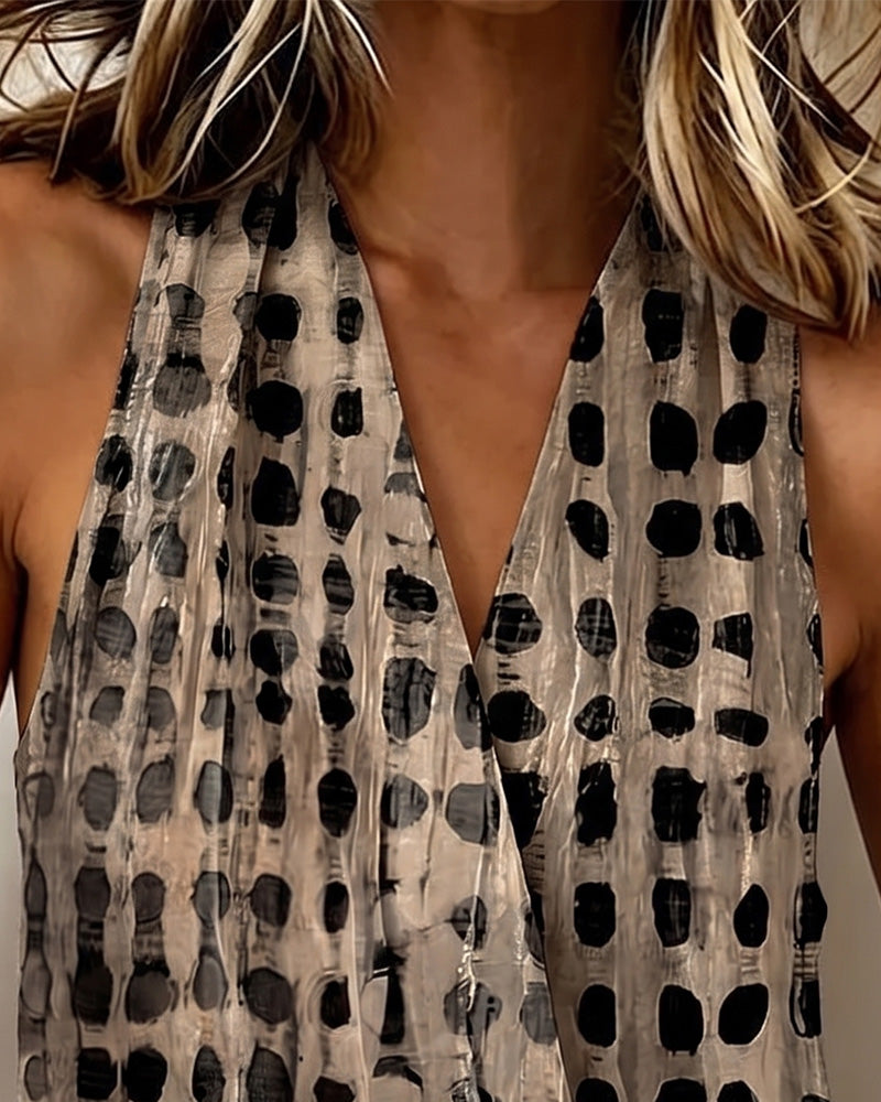 V-Neck Cross Halter Polka Dot Sleeveless Blouse