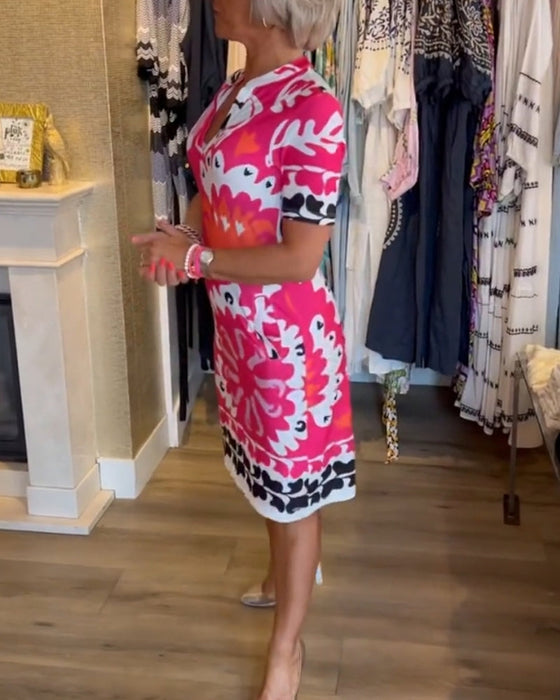Short-sleeve printed v-neck dress