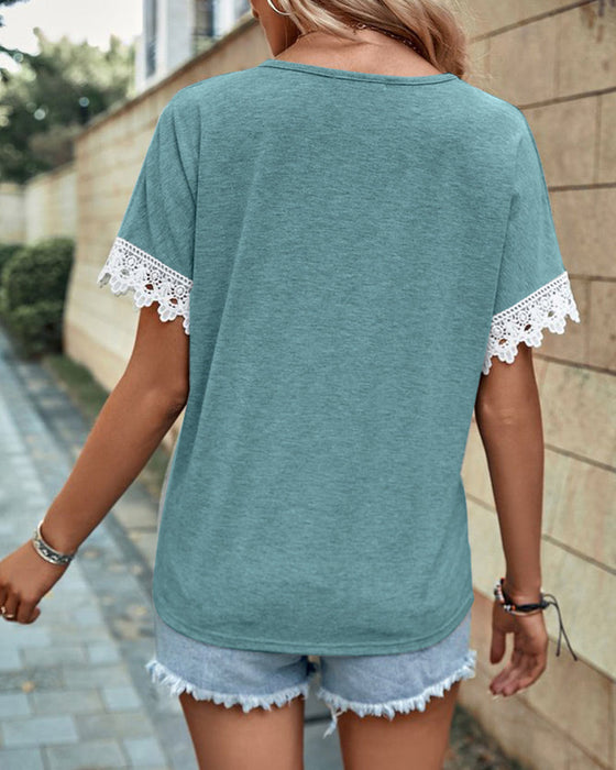 Lace cuff paneled solid color blouse