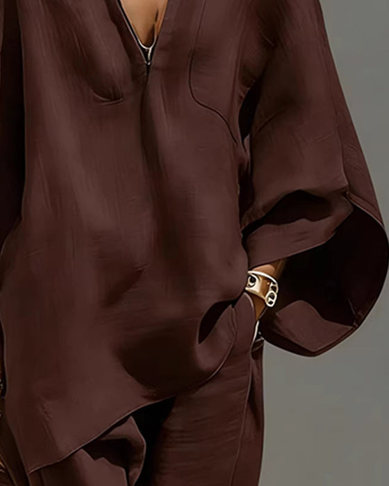 V-Neck Relaxed Sleeve Casual Set